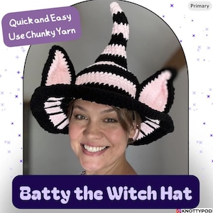 Patrón de ganchillo para sombrero de bruja murciélago, orejas de murciélago, hilo de chenilla, funda para Halloween (PDF)