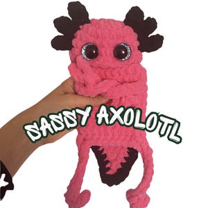 May include: A handmade pink axolotl plush toy with large, sparkly eyes and black accents. The text "SASSY AXOLOTL" is displayed in a green and white font. The plush is held by a hand.