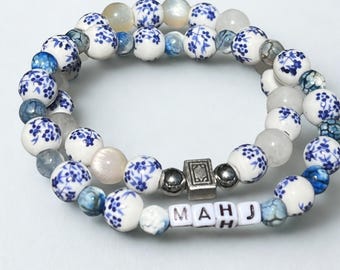 Mahjongg Bracelet Set, Ceramic Retro Round Beads.  Moonstone glow Stretchy Accessory