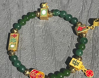 Braccialetto con ciondoli a forma di tessere Mahjong – Ispirazione vintage, perline verdi a forma di tessere drago