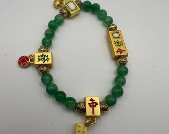 Mahjong Charm Bracelet - Vintage Tile & Green Acrylic Beads, One-of-a-Kind