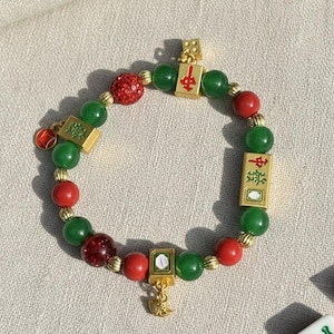 Mahjong Dangle Charms bracelet. Soap Green Red Dragon. Jade like round, Sparkle,Shiny Gold spacer beads Stackable Jewelry customizable gift
