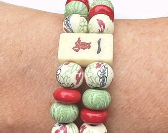 Mahjong Bracelet-Bone Tile Beads with red rondelle- Palm Beach Vibe- Gift for Mahj Lover-