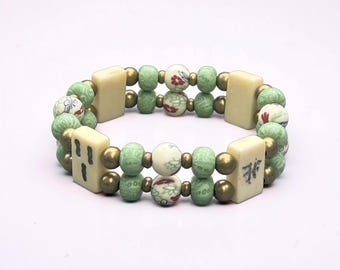 Mahjong Armband- Bone Tile Perlen- Palm Beach Vibe- Salbei und Florale Perlen- Geschenk für Mahj Liebhaber-