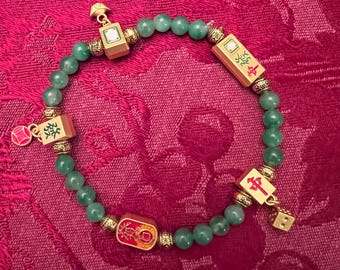 Mah-Jongg Tile Charm Bracelet – Vintage-Inspired, Green Acrylic Beads