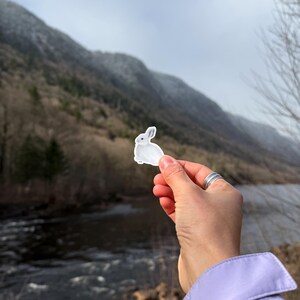 Peut inclure: Un autocollant de lapin blanc est tenu devant un arrière-plan de rivière et de montagnes. L'autocollant est un simple contour d'un lapin. L'arrière-plan présente une rivière, des arbres et un ciel nuageux.