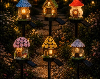 Solar Mushroom House Garden Light · LED Fairy Cottage Stake Lamp · Outdoor Whimsical Path Decor