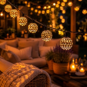 Peut inclure: Guirlande lumineuse décorative avec des globes à motifs, émettant une lueur chaleureuse. Les lumières sont suspendues au-dessus d'un cadre de patio avec des sièges et des plantes, créant une ambiance chaleureuse. L'éclairage suggère un espace extérieur.