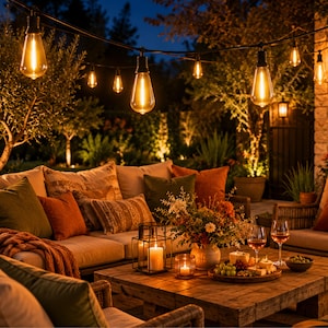 May include: An outdoor patio seating area featuring a wooden coffee table with a floral arrangement, a cheese platter, and wine glasses. The space is illuminated by a string of hanging Edison-style light bulbs and a black metal candle lantern.