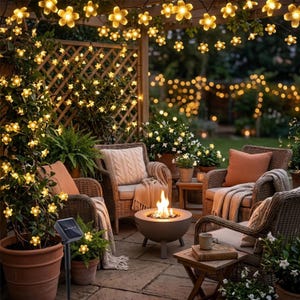 Puede incluir: Un patio con sillas de mimbre con cojines beige, un brasero redondo con una llama visible y una luz solar de estaca. El área está decorada con guirnaldas de luces blancas cálidas en forma de flor sobre un enrejado de madera.