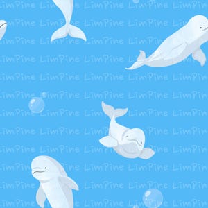 May include: A repeating pattern of white beluga whales and bubbles on a light blue background. The whales are in various poses, some with smiling faces. The text "Lim Pine" is faintly visible throughout the design.