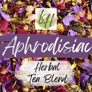 May include: Close-up of a colorful herbal tea blend with purple, red, and yellow flower petals. The text "Aphrodisiac Herbal Tea Blend" is displayed on the image, along with a logo in the upper right corner.