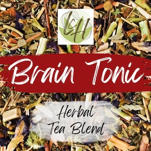 May include: Close-up of a blend of dried herbs and botanicals. The image features the text "Brain Tonic" in white script on a red background, with "Herbal Tea Blend" below. A logo is in the upper left corner.