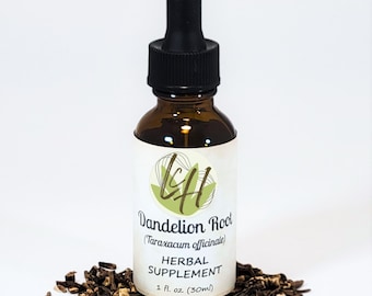 May include: A brown glass bottle with a black dropper top, labelled "Dandelion Root Herbal Supplement." The label includes the scientific name, "Taraxacum officinale," and the volume, 30ml. Dried dandelion root pieces surround the bottle.