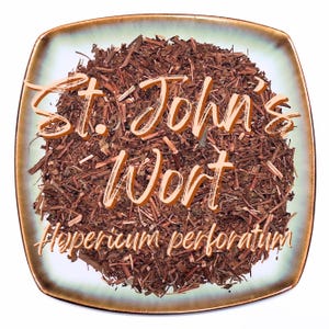 May include: A square plate with a light green and brown rim, filled with dried St. John's Wort. The image features the text "St. John's Wort" in a cursive font, with the scientific name "Hypericum perforatum" below.