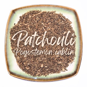 Puede incluir: Un plato cuadrado, con borde verde claro y marrón, lleno de hojas de pachulí secas. El texto "Patchouli Pogostemon cablin" está escrito en cursiva sobre las hojas.