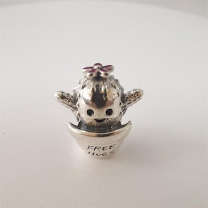 May include: A silver-colored charm in the shape of a cactus with a smiling face and arms outstretched. The cactus has a small pink flower on its head and sits in a pot with the words "FREE HUGS" engraved on it. The charm is detailed and has a whimsical design.