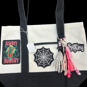 Upcycled Trader Joe’s Tote Bag |  Goth Bag | Ghost Patch Tote | Spooky Cute Market Bag | One-of-a-Kind Handmade