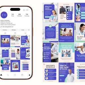 May include: A mobile phone displays a grid of healthcare-themed Instagram posts. The posts feature doctors, medical information, and text like "What is a Health Checkup?" and "Importance of Preventive Care." The phone's screen also shows a profile with the text "Doctor Templates."