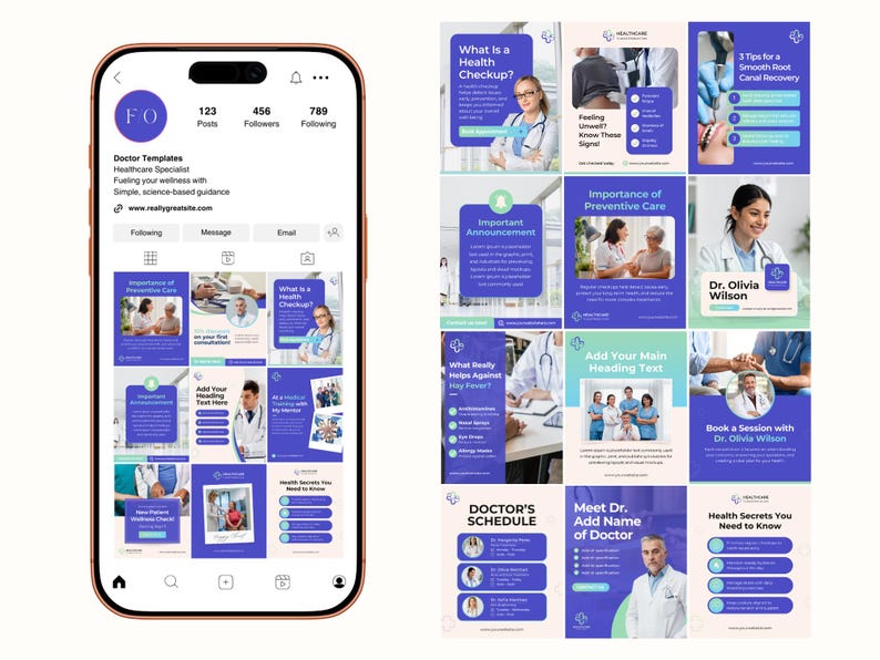 May include: A mobile phone displays a grid of healthcare-themed Instagram posts. The posts feature doctors, medical information, and text like "What is a Health Checkup?" and "Importance of Preventive Care." The phone's screen also shows a profile with the text "Doctor Templates."
