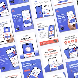 Puede incluir: Una colección de gráficos promocionales para una aplicación de fitness, que muestra teléfonos inteligentes que muestran la interfaz de la aplicación. Los diseños utilizan una combinación de colores azul y blanco, con iconos y texto.