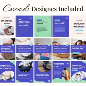May include: A collection of informational graphics on back pain, featuring text and images. The design includes a variety of topics, such as morning stiffness, disc rehydration, and recovery time. The color scheme is primarily blue and green.