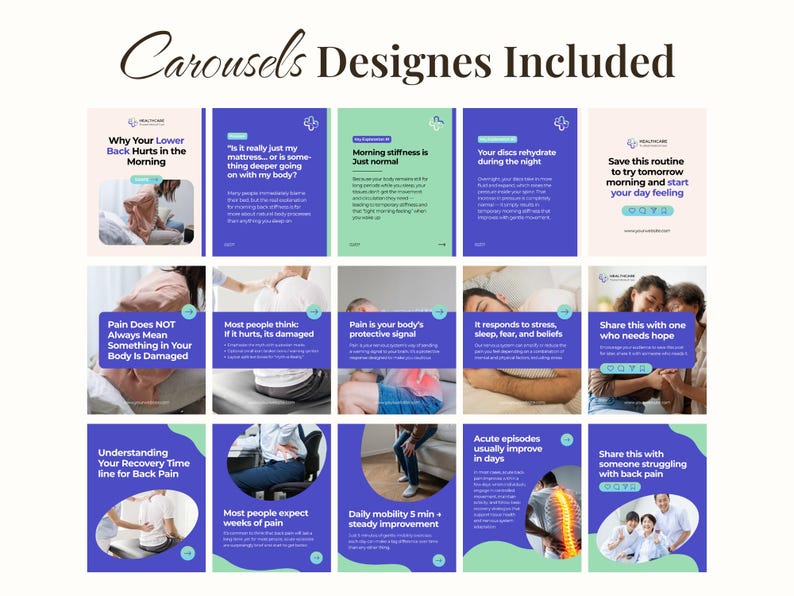 May include: A collection of informational graphics on back pain, featuring text and images. The design includes a variety of topics, such as morning stiffness, disc rehydration, and recovery time. The color scheme is primarily blue and green.