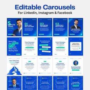 May include: A collection of editable social media carousel templates for LinkedIn, Instagram, and Facebook. The designs feature a blue and white colour scheme with various text layouts, business-related graphics, and placeholders for professional headshots.