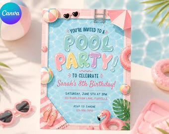 Editable Pool Party Birthday Invitation Template, Summer Pool Birthday Invite, Canva Template, Instant Download, Printable Invitation
