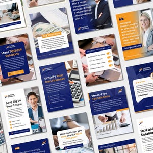 Puede incluir: Una colección de materiales de marketing para TaxEase Solutions, con un esquema de color azul y naranja. Los materiales incluyen tarjetas informativas con texto e imágenes, que promueven servicios financieros y soluciones fiscales.