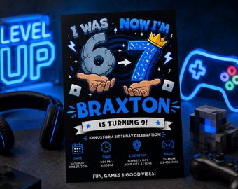 Gaming Birthday Invitation Template, I Was 6 Now I'm 7 Invite, Editable Canva Birthday Invitation, Gamer Party Digital Download