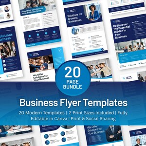 Pode incluir: Um conjunto de modelos de folhetos comerciais em azul e branco. Os folhetos contêm texto e imagens, com as palavras "Business Flyer Templates" e "20 Page Bundle". Modelos projetados para impressão e redes sociais.
