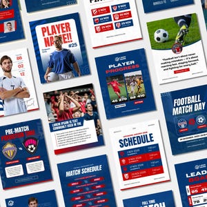 May include: A collection of blue and red soccer-themed promotional graphics. The designs include player profiles, match schedules, and player progress reports. The graphics feature images of soccer players and the text "Football Match Day".
