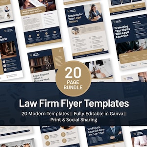 May include: A collection of law firm flyer templates. The flyers have a navy blue and tan color scheme. The text on the flyers includes "Legal Solutions", "Legal Support", and "20 Page Bundle". The flyers are fully editable in Canva.