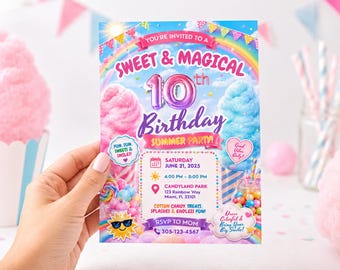 Cotton Candy Birthday Invitation | Rainbow Candyland Invitation Template | Girl's birthday | Pink theme Birthday | Digital Invitation