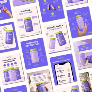 Puede incluir: Una colección de materiales de marketing para suplementos de hidratación Capsify, con botellas moradas con tapas verdes, texto informativo, iconos e imágenes de productos en varios diseños, incluyendo pantallas de teléfonos y tarjetas.