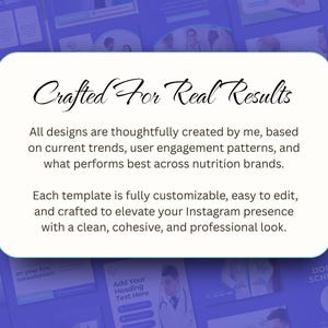 May include: A white rectangular graphic with the text "Crafted For Real Results" on a blue background. The text describes designs created for nutrition brands, emphasizing customization and a professional look for Instagram.