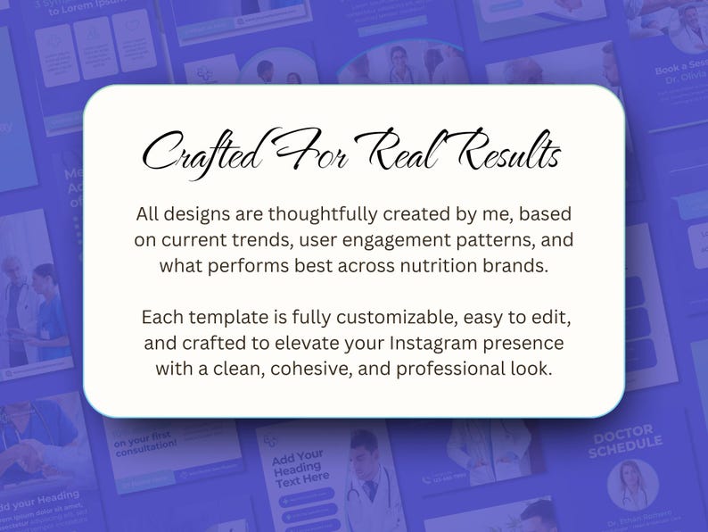 May include: A white rectangular graphic with the text "Crafted For Real Results" on a blue background. The text describes designs created for nutrition brands, emphasizing customization and a professional look for Instagram.