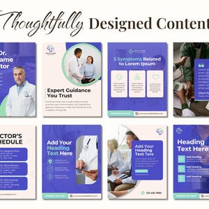 May include: A collection of eight healthcare-themed templates with a purple and white color scheme. The templates include text such as "Meet Dr.", "Expert Guidance You Trust", and "3 Symptoms Related to Lorem Ipsum". The phrase "Thoughtfully Designed Content" is at the top.