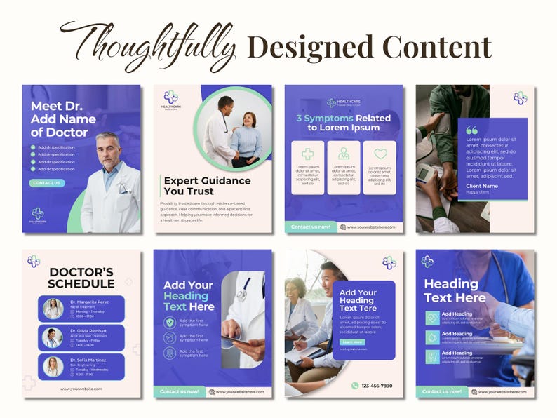 May include: A collection of eight healthcare-themed templates with a purple and white color scheme. The templates include text such as "Meet Dr.", "Expert Guidance You Trust", and "3 Symptoms Related to Lorem Ipsum". The phrase "Thoughtfully Designed Content" is at the top.