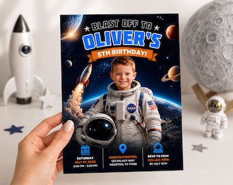 Space Birthday Invitation with Photo, Editable Astronaut Birthday Party Invite, Personalized Boy Birthday Invitation, Digital Download