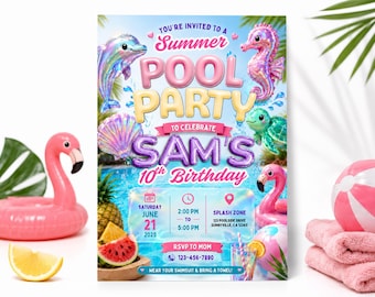 Pool Party Birthday Invitation Template | Editable Pool Birthday Invite | Summer Pool Party | Girl Birthday Invitation | Canva Template