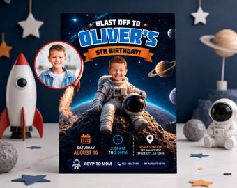 Space Birthday Invitation Template, Astronaut Birthday Invitation, Custom Photo Birthday Invitation, Boy Space Party Invite