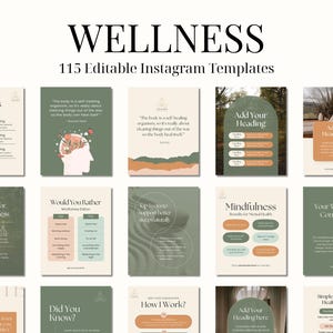 May include: A set of 15 Instagram templates with a wellness theme. The templates use green, beige, and orange colours, with text and graphics. The word "WELLNESS" is at the top, with "115 Editable Instagram Templates" below.