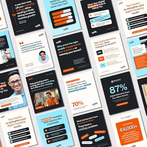May include: A collection of digital marketing educational cards featuring the Uplift brand logo, various infographics, charts, and text-based advice on business growth, strategy, and data analysis, presented in a grid layout with orange and black accents.