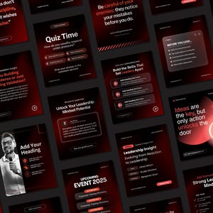 May include: A collection of red and black social media graphics with motivational quotes and leadership insights. The graphics feature text like "Quiz Time," "Unlock Your Leadership Mindset Potential," and "Ideas are the key, but only action unlocks the door."