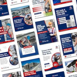 May include: A collection of blue and white promotional flyers for HVAC services. The flyers feature images of technicians, HVAC systems, and text such as "Serving Homes & Businesses" and "Reliable Heating & Cooling."