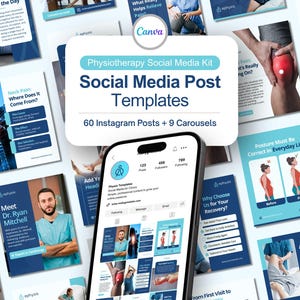 May include: A set of social media templates for physiotherapy, comprising 60 Instagram posts and 9 carousels. The designs are blue and white, with medical illustrations and text about pain relief and posture.