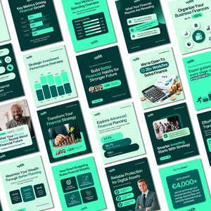 May include: A collection of digital marketing flyers for a financial service brand named Uplift, featuring a consistent color palette of dark and light green. The flyers display various financial charts, business icons, and professional portraits, with text overlays detailing financial growth, investment strategies, and budgeting advice.