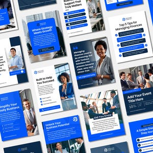 Könnte beinhalten: Eine Sammlung von Marketingmaterialien zum Thema Wirtschaft in Blau und Weiß. Die Materialien umfassen Flyer und Broschüren mit Text und Bildern von Fachleuten. Der Text enthält Sätze wie "Vereinfachen Sie Ihr tägliches Geschäft" und "Top 5 Tipps für die Finanzverwaltung".